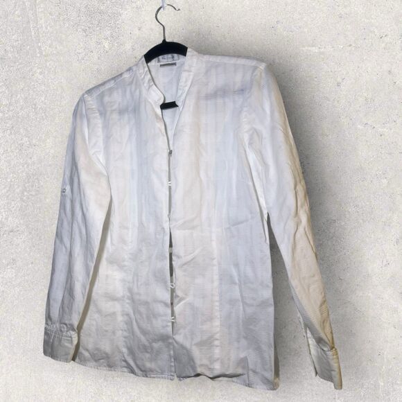 Vintage Lady Van Heusen Size L White Collarless Invisible Button Up Shirt - Picture 1 of 7